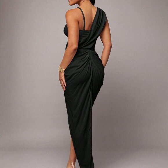 Black Party Women's Romantic Date Night Asymmetric Drapey Maxi dress - Picture 2 of 7